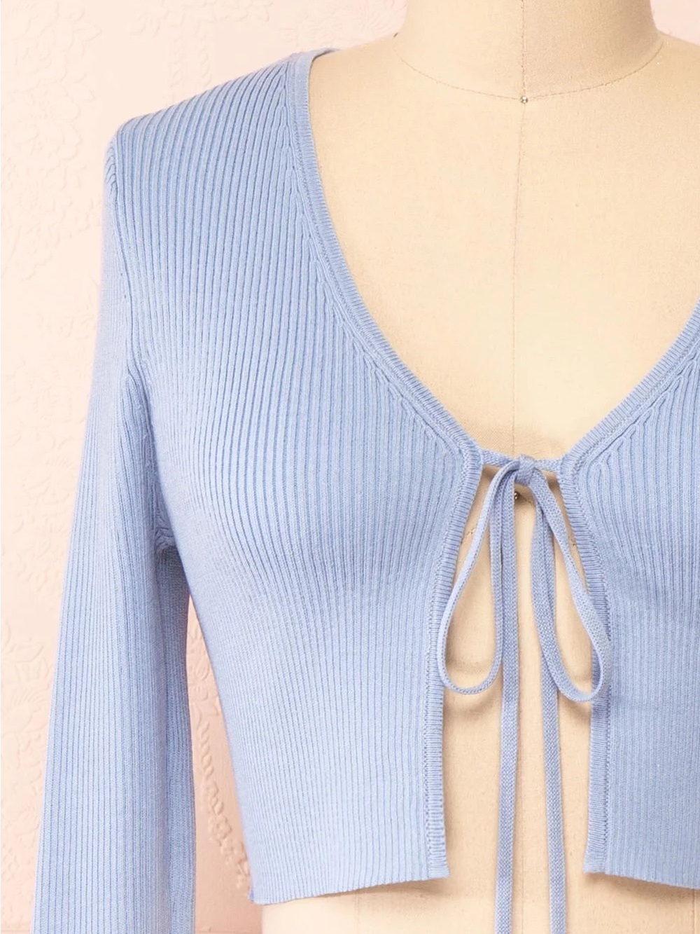 Garage Light Blue Ribbed Tie-Front Crop Cardigan